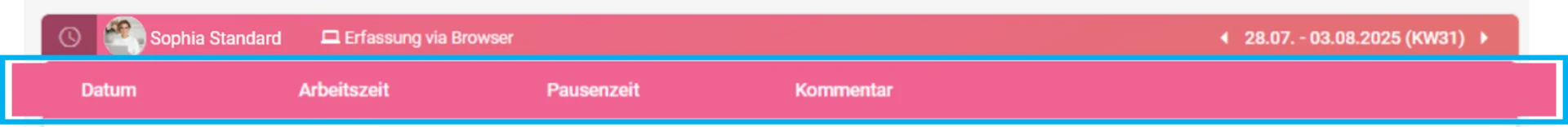 Zweite Zeile der Wochenauswertung mit farblich hervorgehobenen Spalten Datum, Arbeitszeit, Pausenzeit und Kommentar.