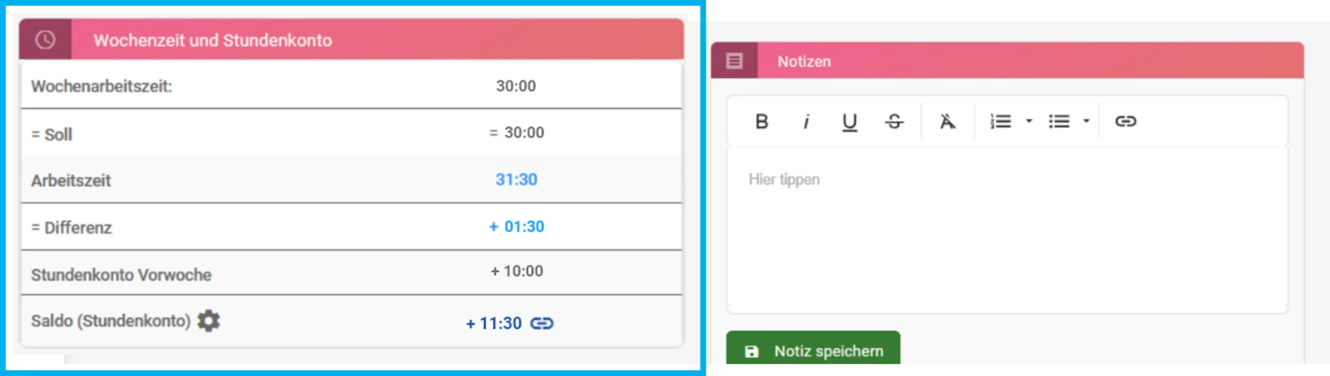 Zwei Bereiche sind sichtbar: „Wochenzeit und Stundenkonto“ sowie „Notizen“. Der Bereich „Wochenzeit und Stundenkonto“ ist farblich hervorgehoben und zeigt Angaben zu Wochenarbeitszeit, Soll, Differenz, Stundenkonto und Saldo.