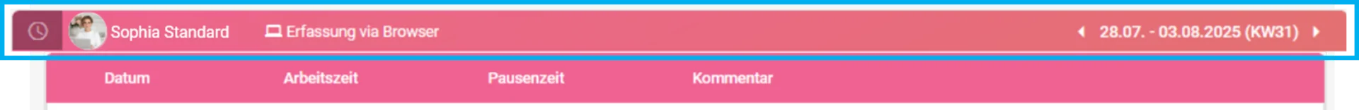 Kopfzeile der Wochenauswertung mit farblich hervorgehobenem Namen, Zeiterfassungssystem und ausgewählter Woche.