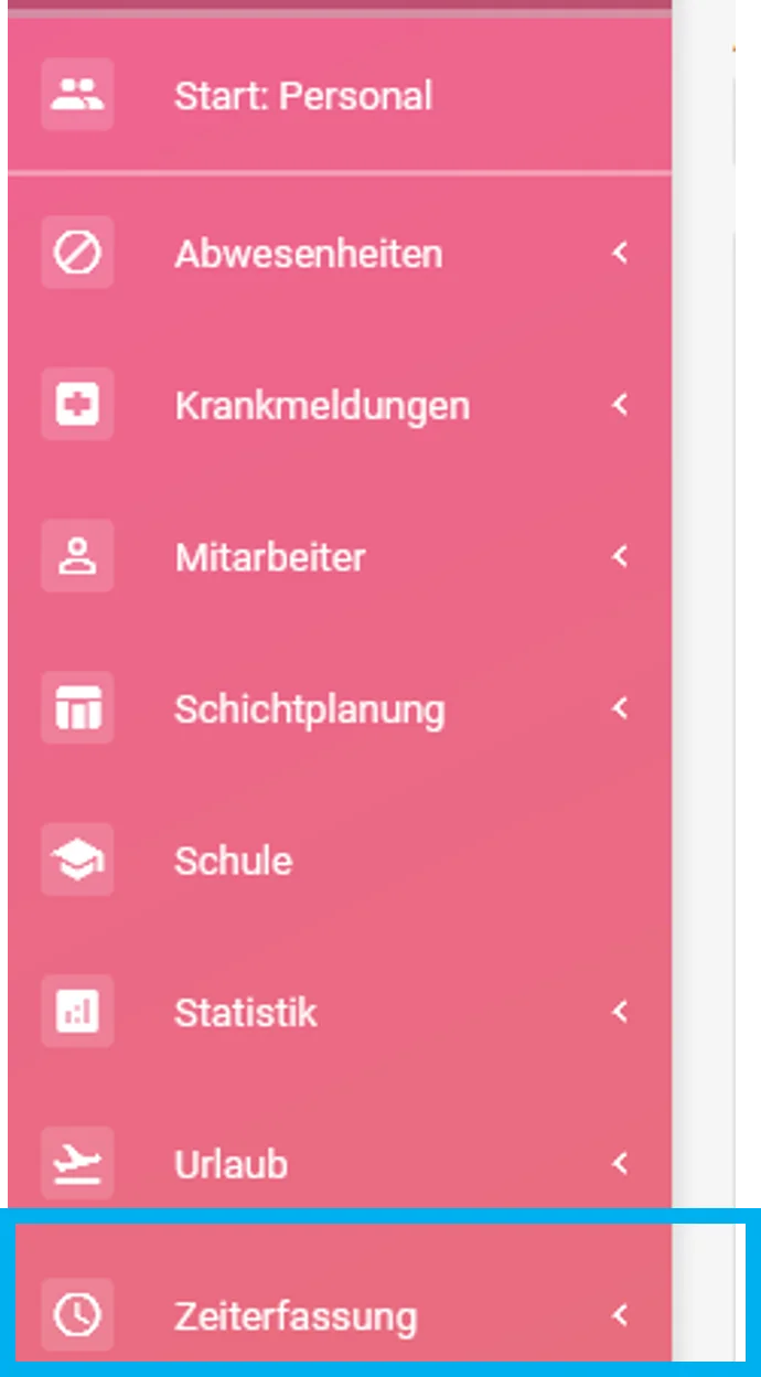 Geöffnete Modulauswahl Personal mit farblich hervorgehobenem Menüpunkt Zeiterfassung.