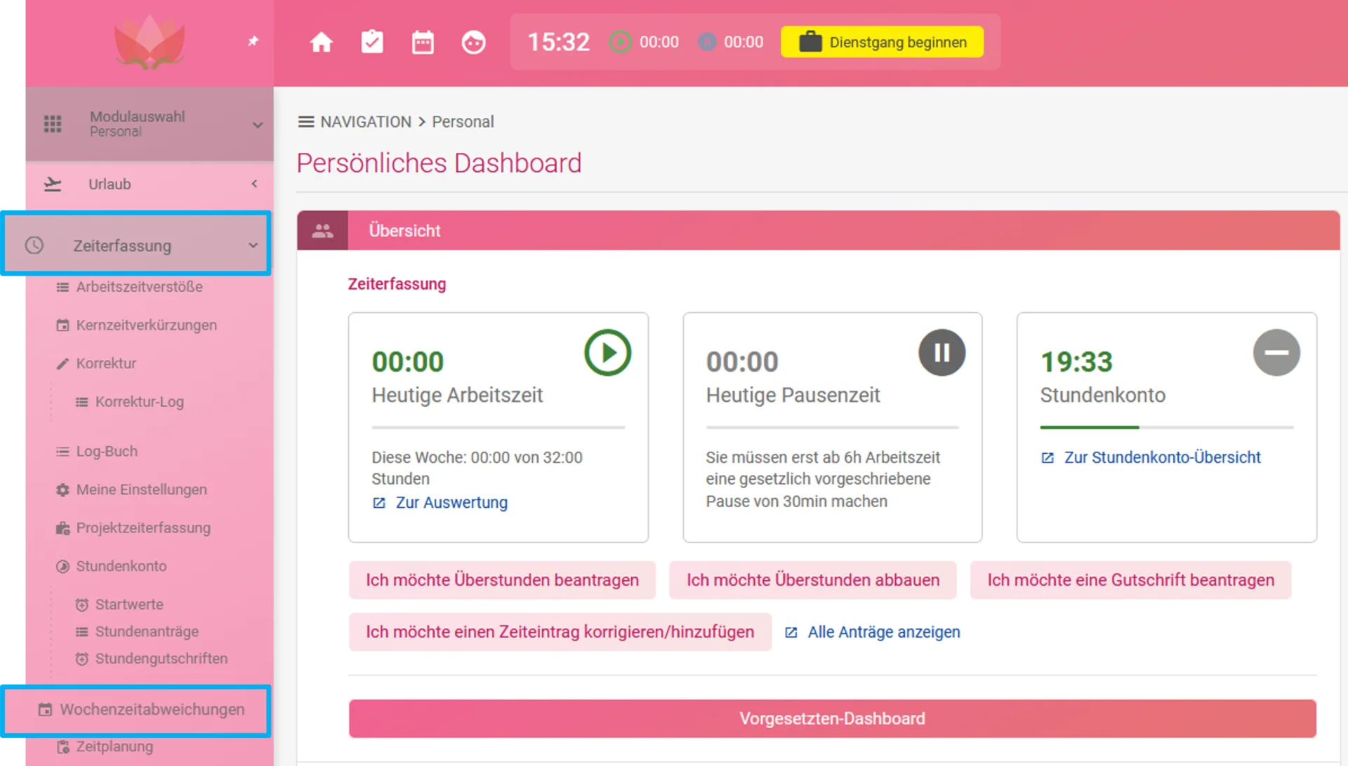 Zu sehen ist das persönliche Dashboard mit geöffneter Übersicht des Moduls Personal. Farbig hervorgehoben sind die Bereiche Zeiterfassung und Wochenzeitabweichungen.