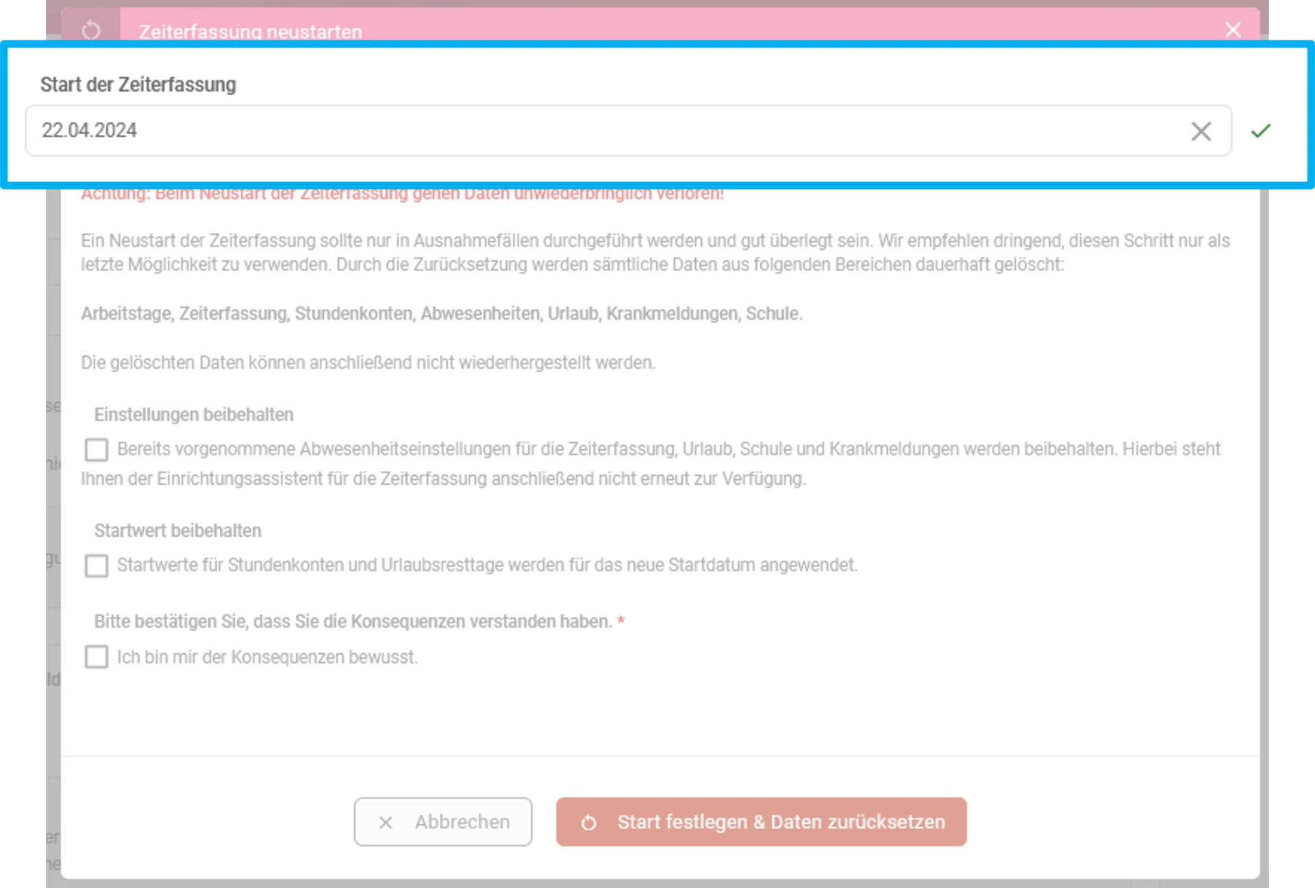 Zu sehen ist das Fenster „Zeiterfassung neustarten“, hervorgehoben ist das Feld „Start der Zeiterfassung“.