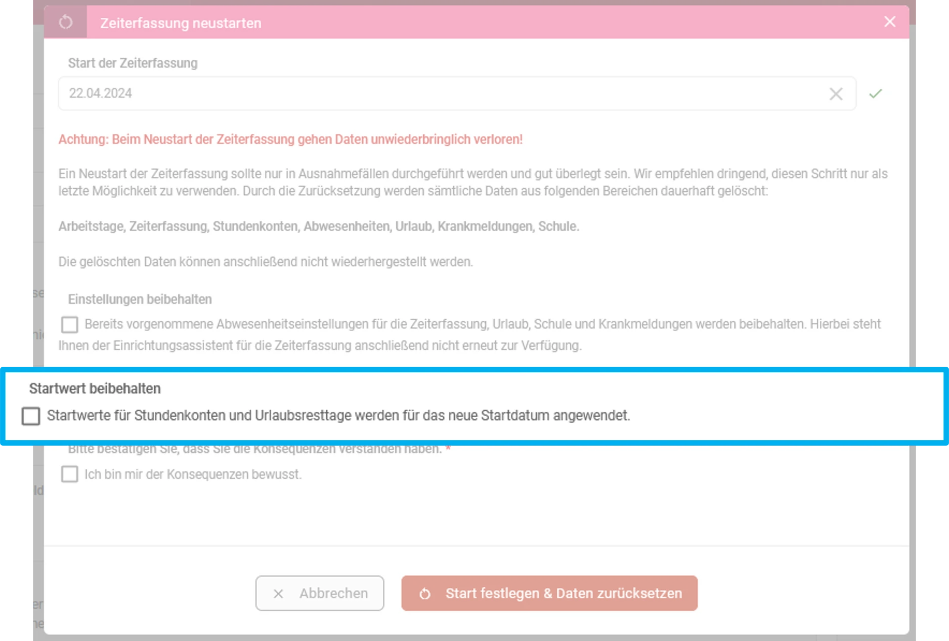 Zu sehen ist das Fenster „Zeiterfassung neu starten“. Hervorgehoben ist die Option „Startwert beibehalten“.