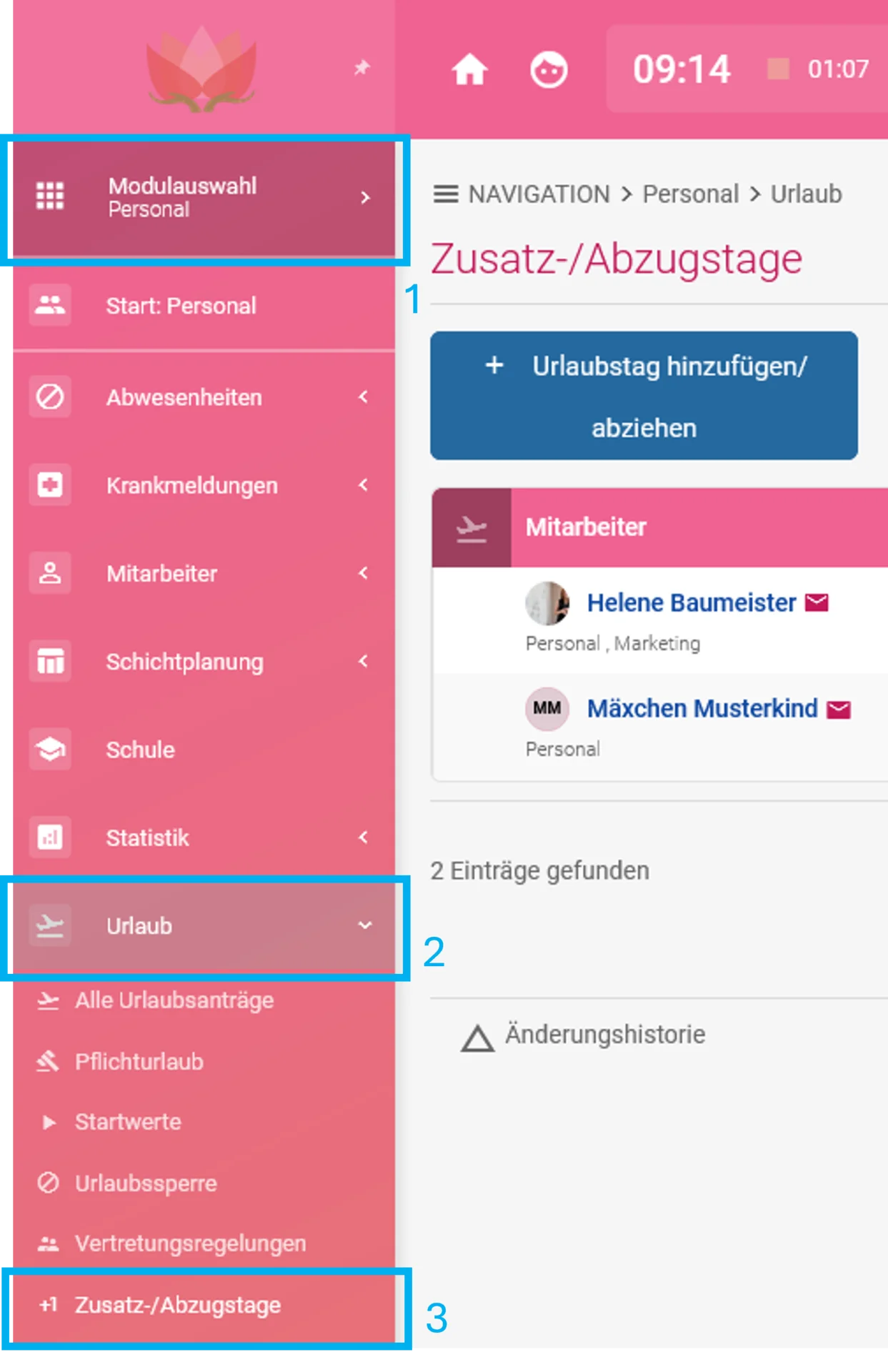 Zusehen ist die geöffnete Modulauswahl: Personal ist farblich hervorgehoben und mit einer 1 markiert, Urlaub ist ebenfalls farblich hervorgehoben und mit einer 2 markiert. Zudem ist Zusatz-/Abzugstage farblich hervorgehoben und mit einer 3 markiert. Rechts daneben sind die geöffneten Zusatz-/Abzugstage zu sehen.