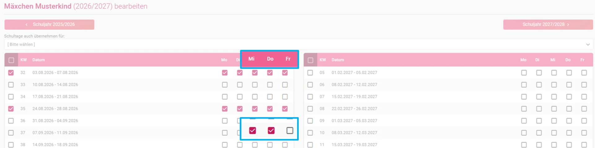 Zu sehen ist die Zeiterfassung mit dem geöffneten Berufsschulkalender. Hervorgehoben ist die Auswahl einzelner Wochentage zur Kennzeichnung der Berufsschultage.