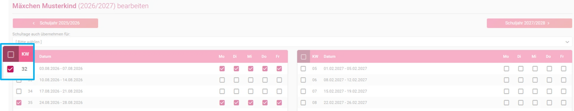 Zu sehen ist die Bearbeitung des Berufsschulkalenders innerhalb der Zeiterfassung. Hervorgehoben ist die Checkbox vor der jeweiligen Kalenderwoche (KW).