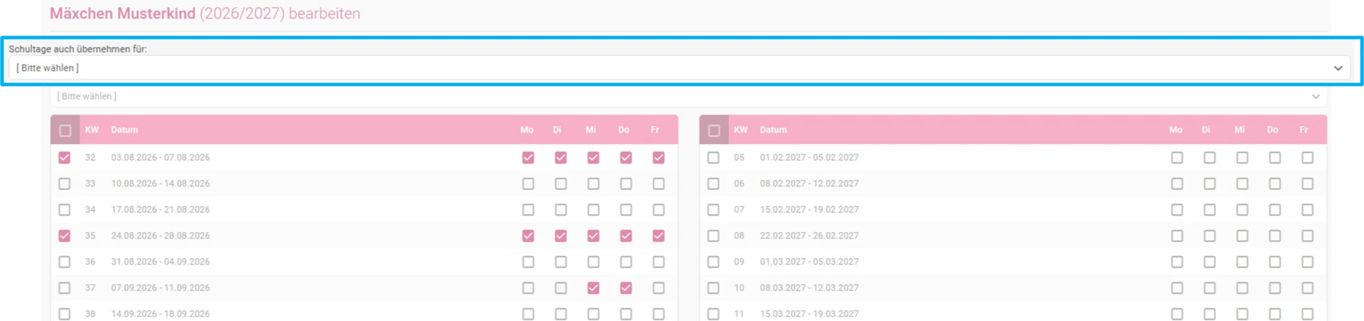 Zu sehen ist die Zeiterfassung mit dem geöffneten Berufsschulkalender. Hervorgehoben ist die Option „Schultage auch übernehmen für“.