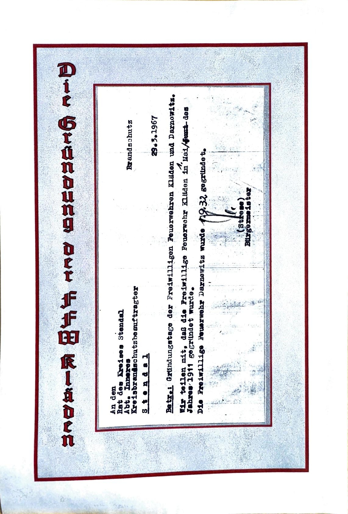 Freiwillige Feuerwehr Kläden 1911 bis 1918