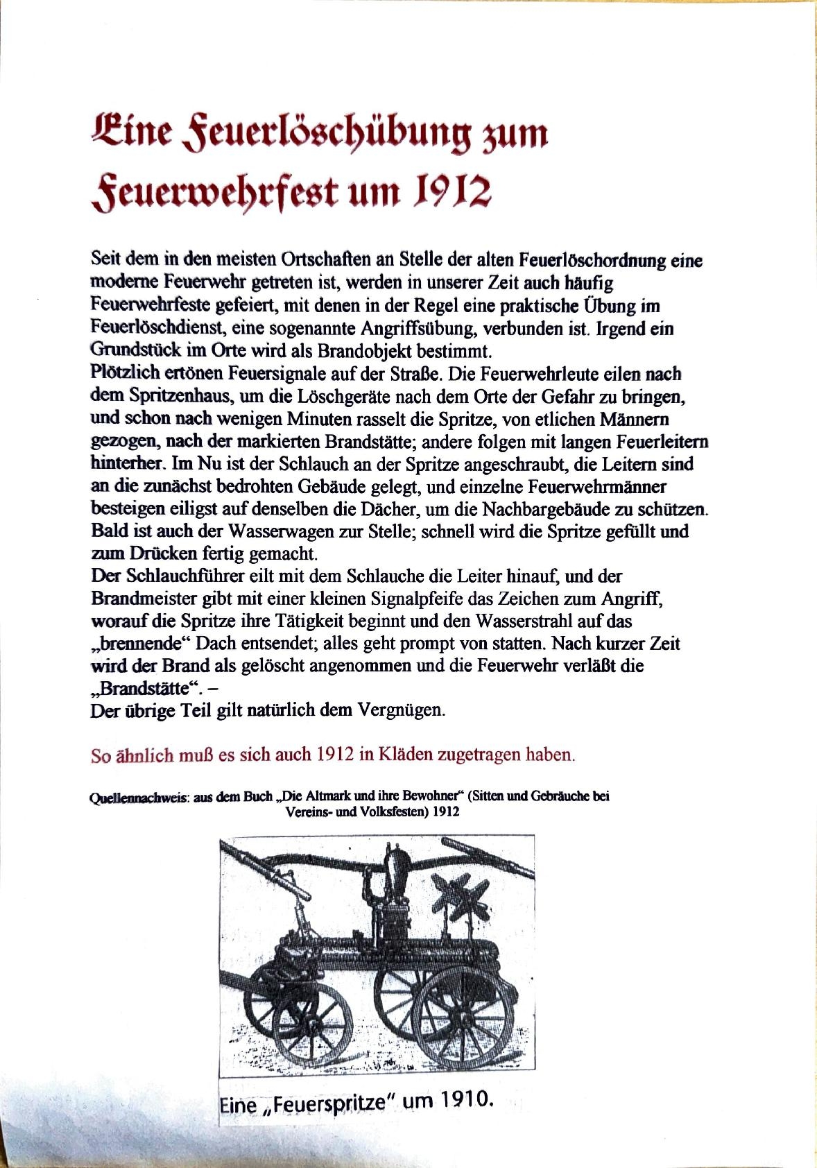 Freiwillige Feuerwehr Kläden 1911 bis 1918 