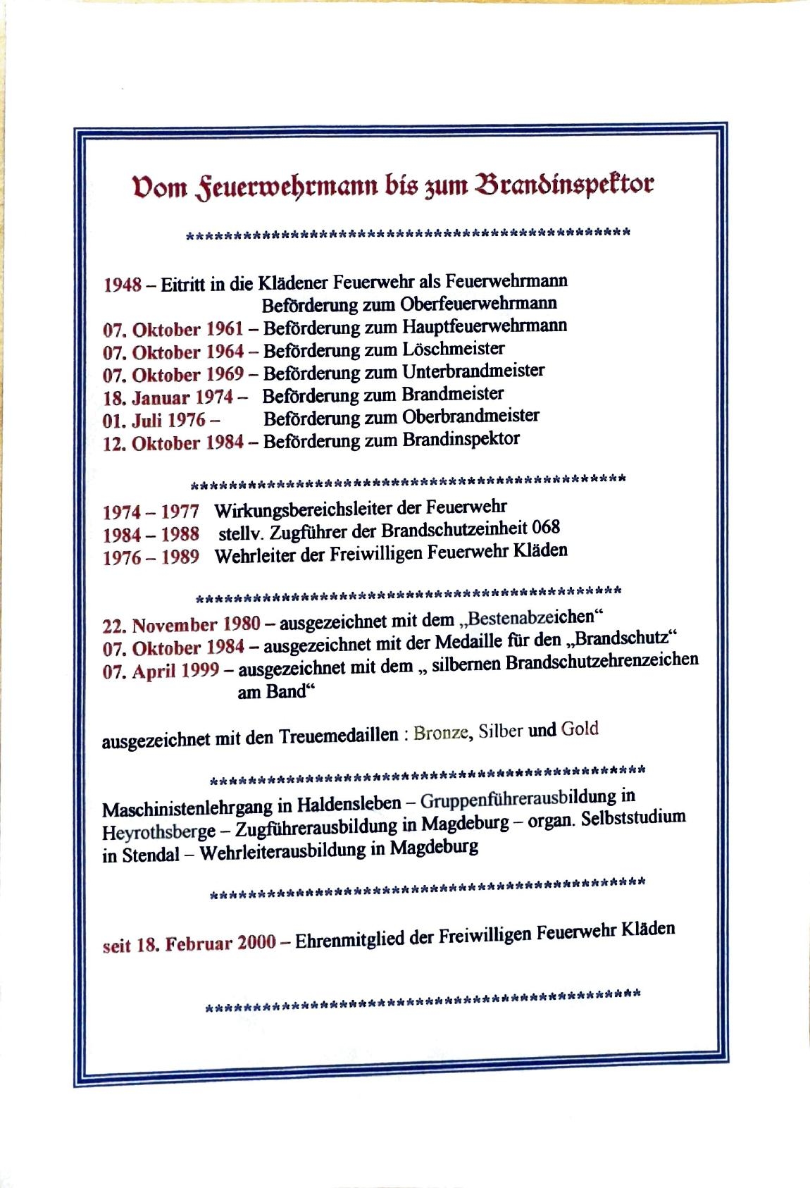 Führung der Feuerwehr 1911 bis 1990