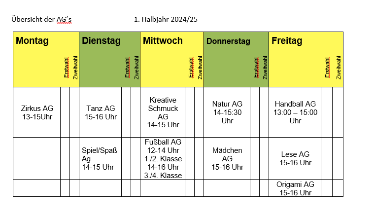 AG-Plan Schuljahr 2024-25, 1. Halbjahr