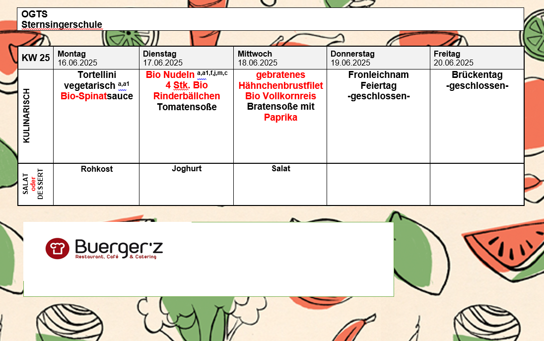Essensplan 16.06.-20.06.2025