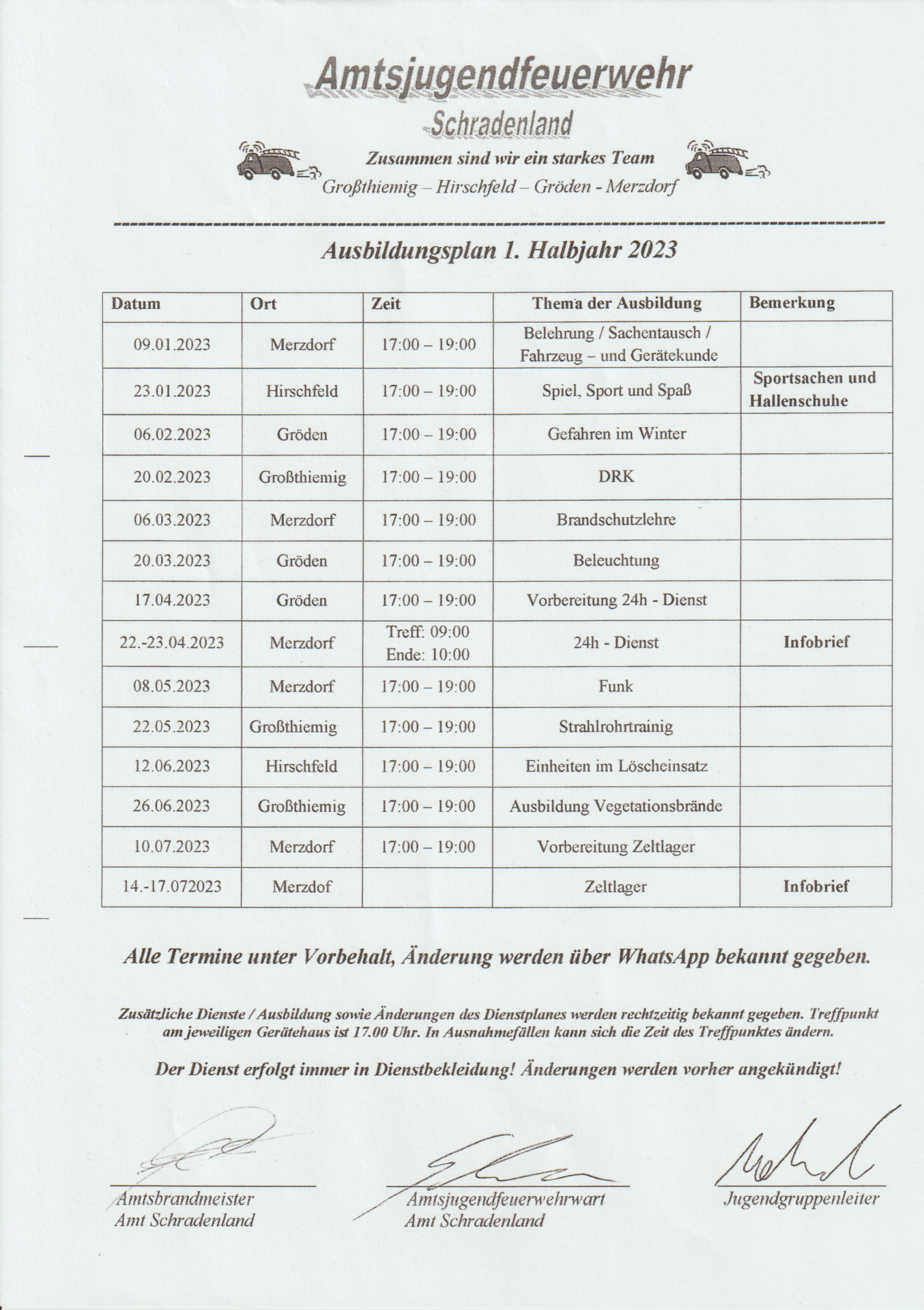 Dienstplan 1. Halbjahr Jugendfeuerwehr