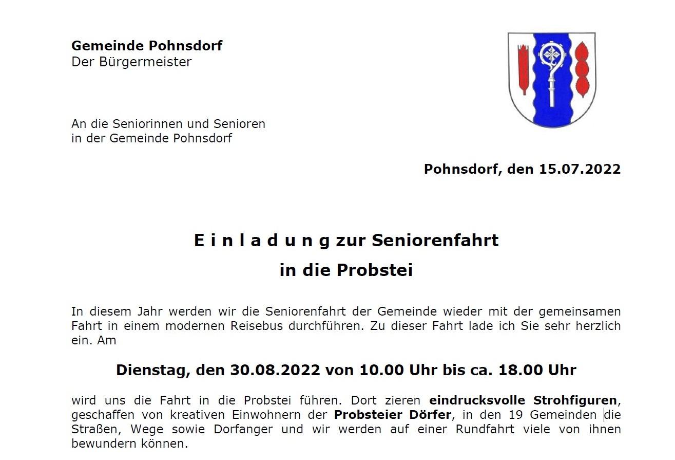 Einladung Seniorenfahrt der Gemeinde Pohnsdorf 2022