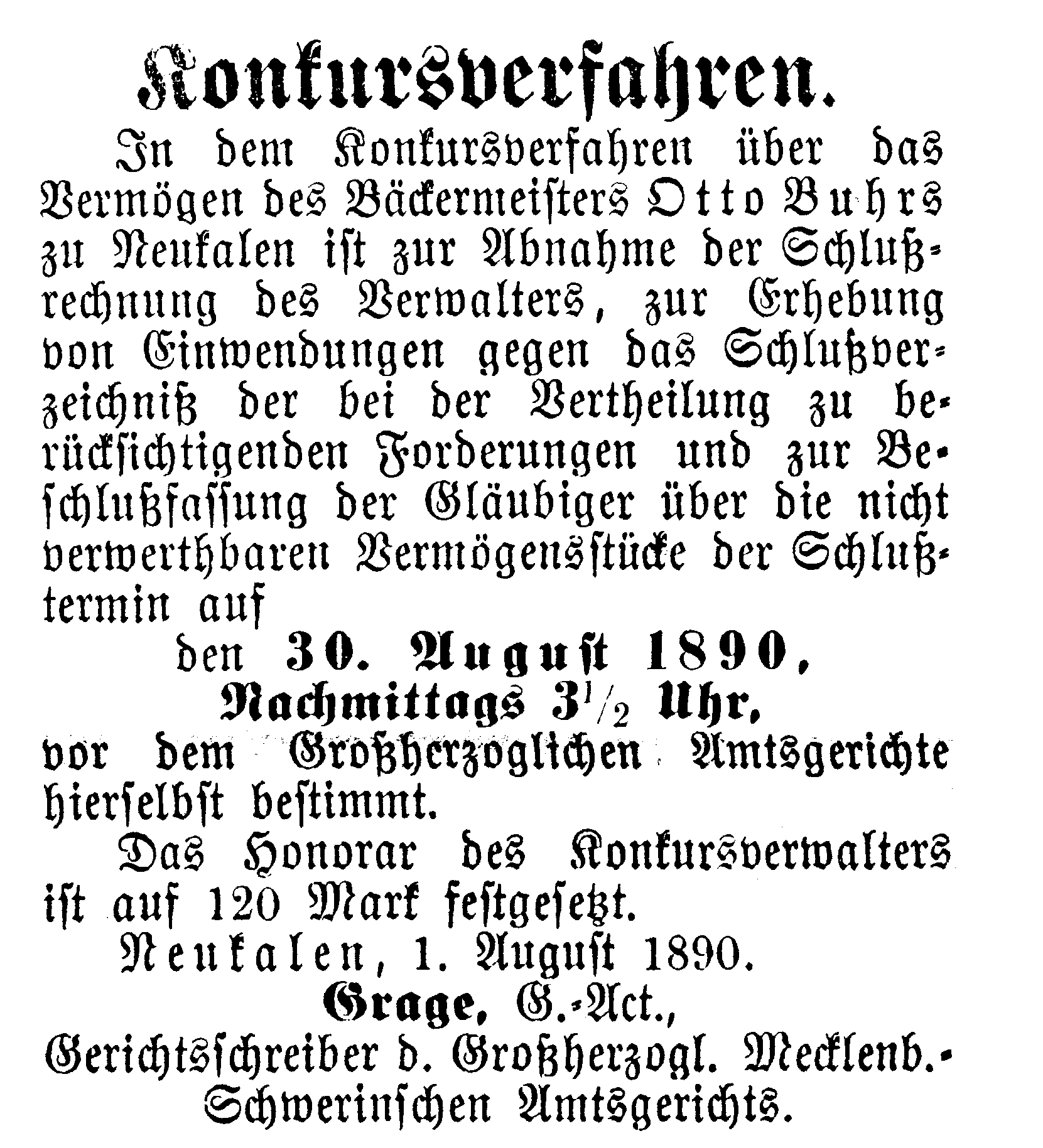 „Neukalener Wochenblatt“ vom 6.8.1890.