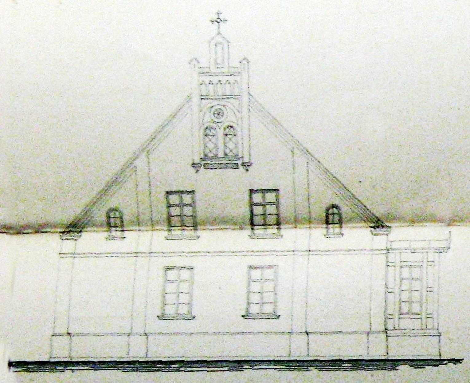 Nach diesem Riß „Wohnhaus mit Wirthschaftsflügel für die Pfarre zu Schorrentin“ sollte  ursprünglich das Pfarrhaus gebaut werden (3).