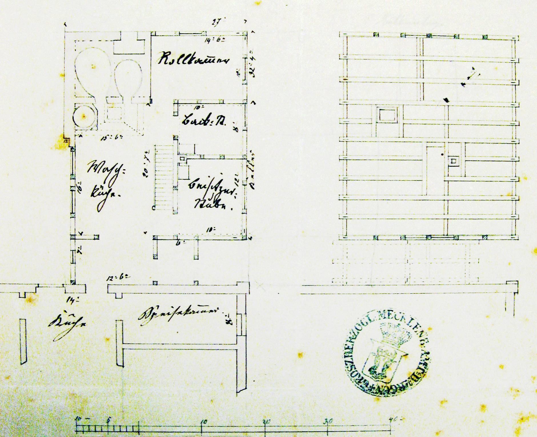 Zeichnung zur Erbauung eines Anbaus am Pfarrhaus (1870).