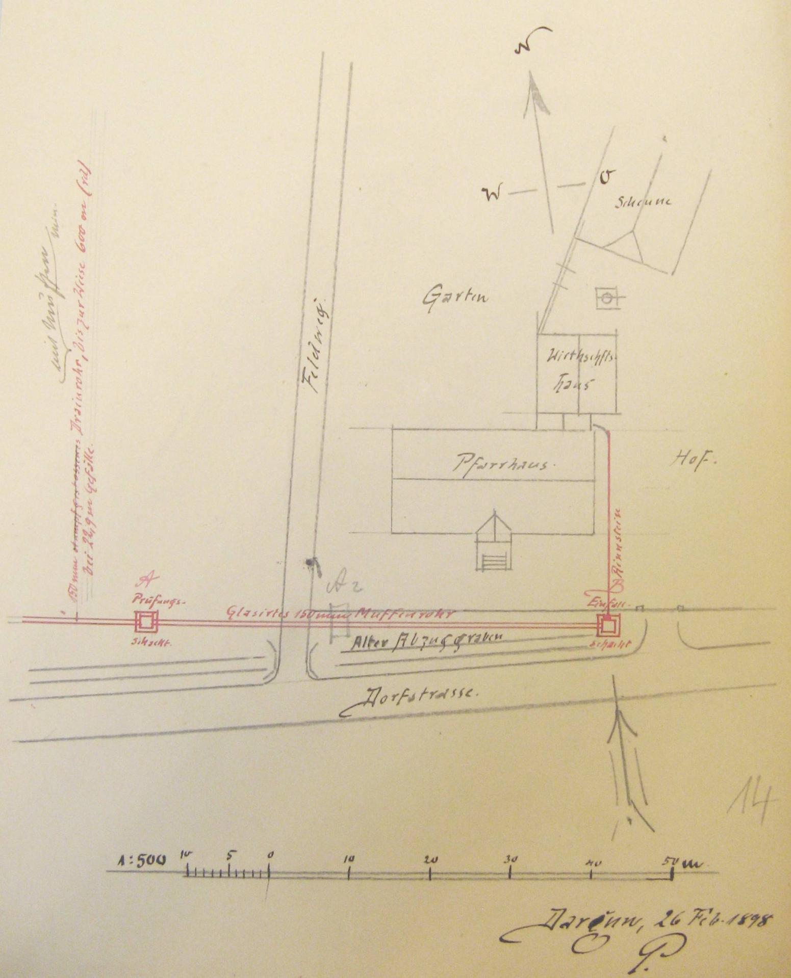 „Entwurf zu einer Ableitungsanlage für die Küchenabwässer der Pfarre zu Schorrentin“ Pries (26.2.1898).