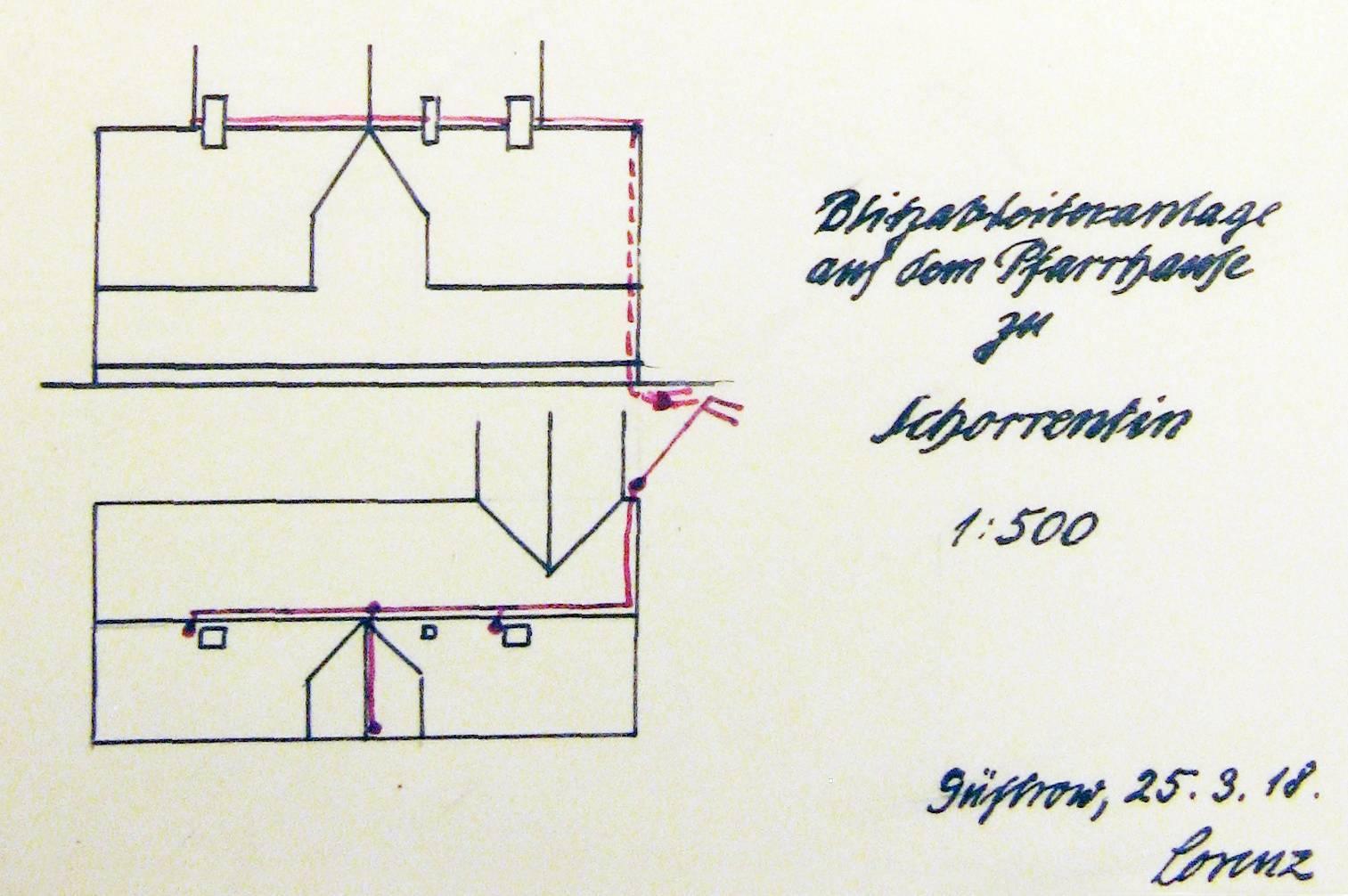 „Blitzableiteranlage auf dem Pfarrhause zu Schorrentin, 1 : 500, Güstrow, 25.3.[19]18, Lorenz.