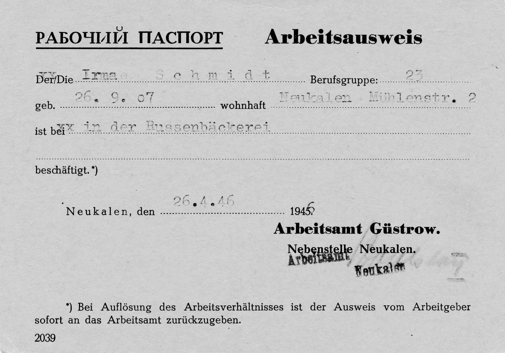 Arbeitsausweis für Irma Schmidt als Beschäftigte der „Russenbäckerei“ (26.4.1946).