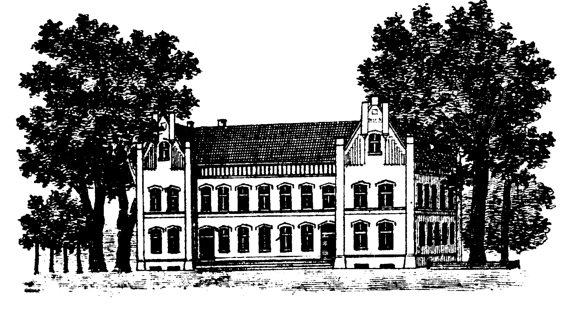 Zeichnung des Schulgebäudes auf einer Ansichtskarte vor 1900