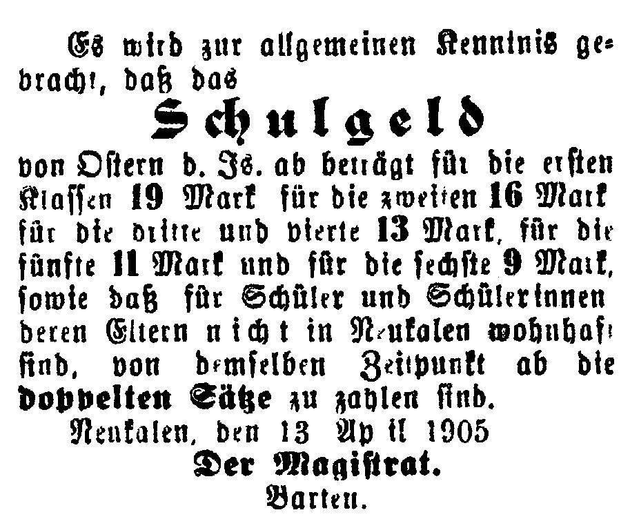 Annonce Schulgeld 1905