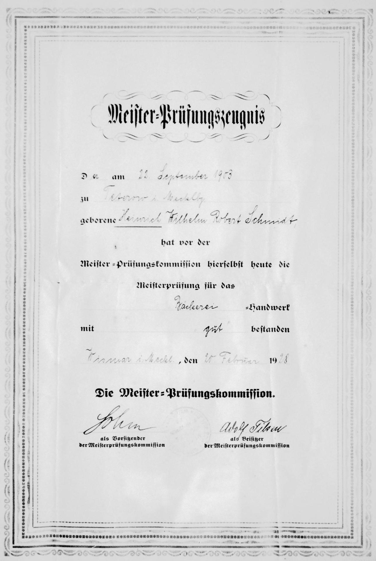 Meisterbrief Heinrich Wilhelm Robert Schmidt (20.2.1928).