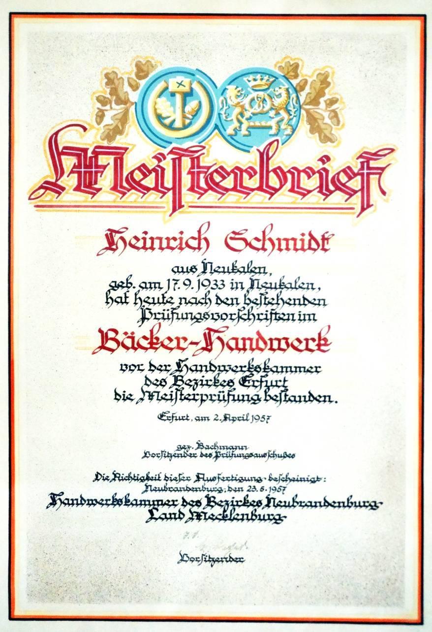 Meisterbrief Heinrich Wilhelm Hermann Fritz Schmidt (2.4.1957).