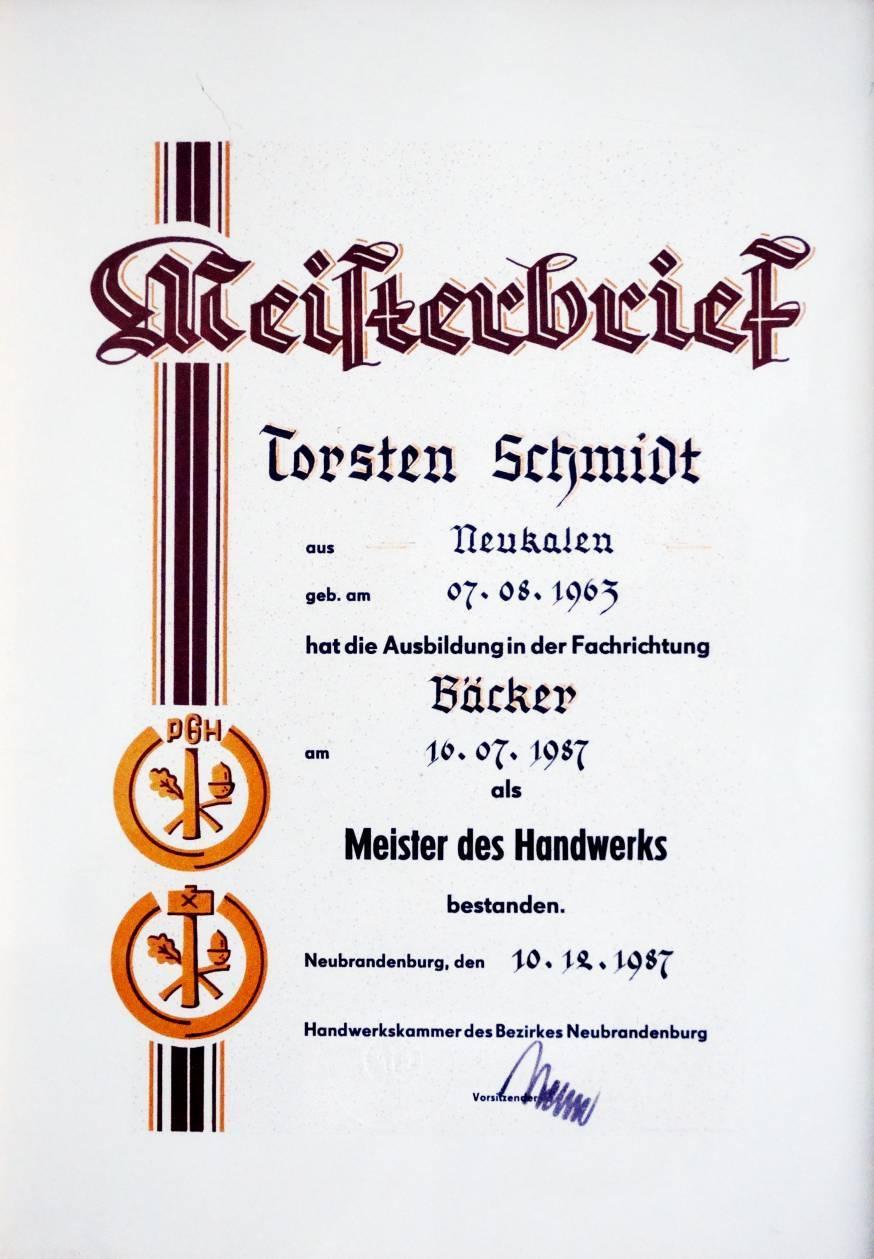 Meisterbrief Torsten Schmidt (16.7.1987).