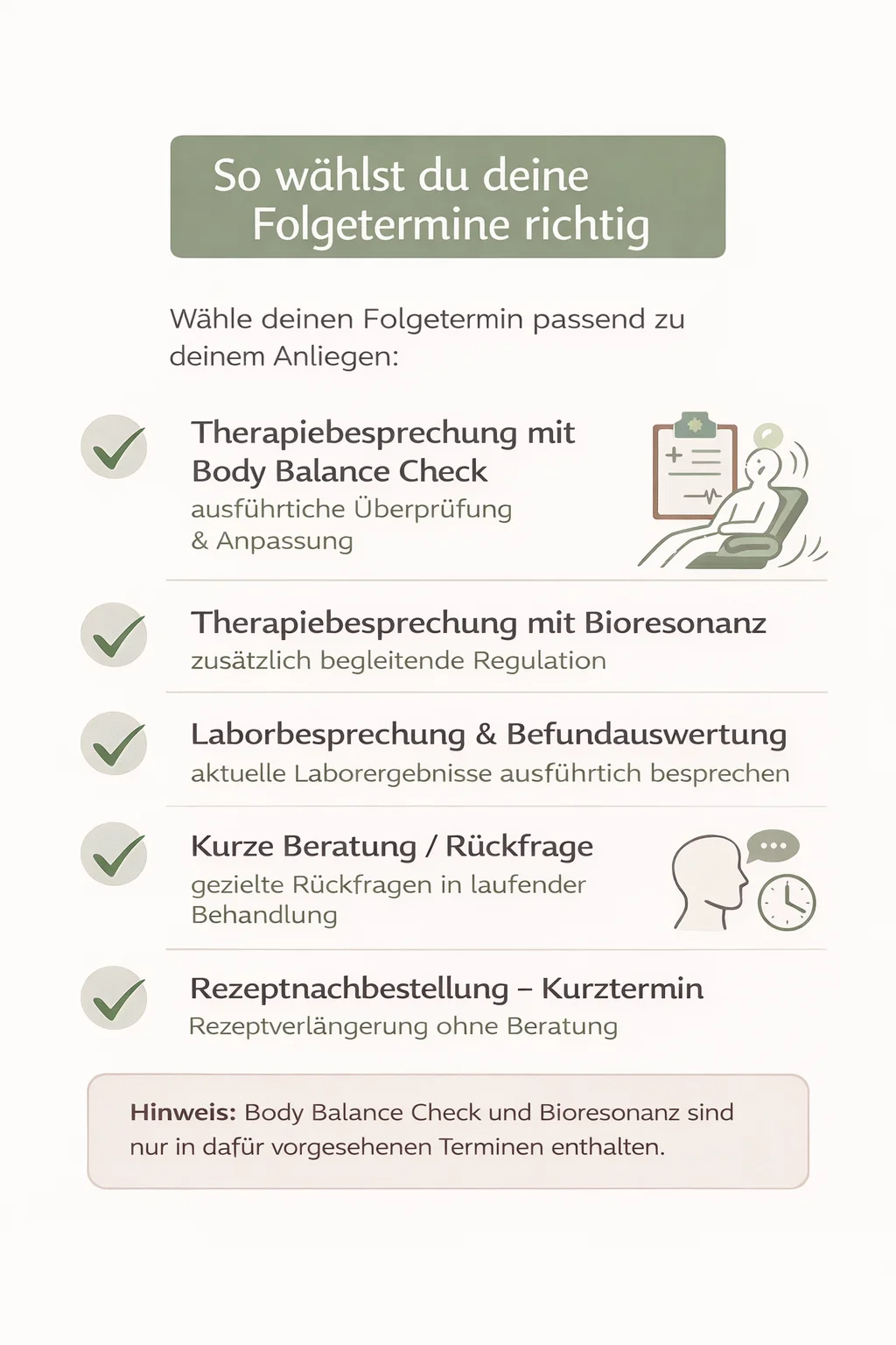 Übersicht zur Auswahl des richtigen Folgetermins in der Heilpraxis