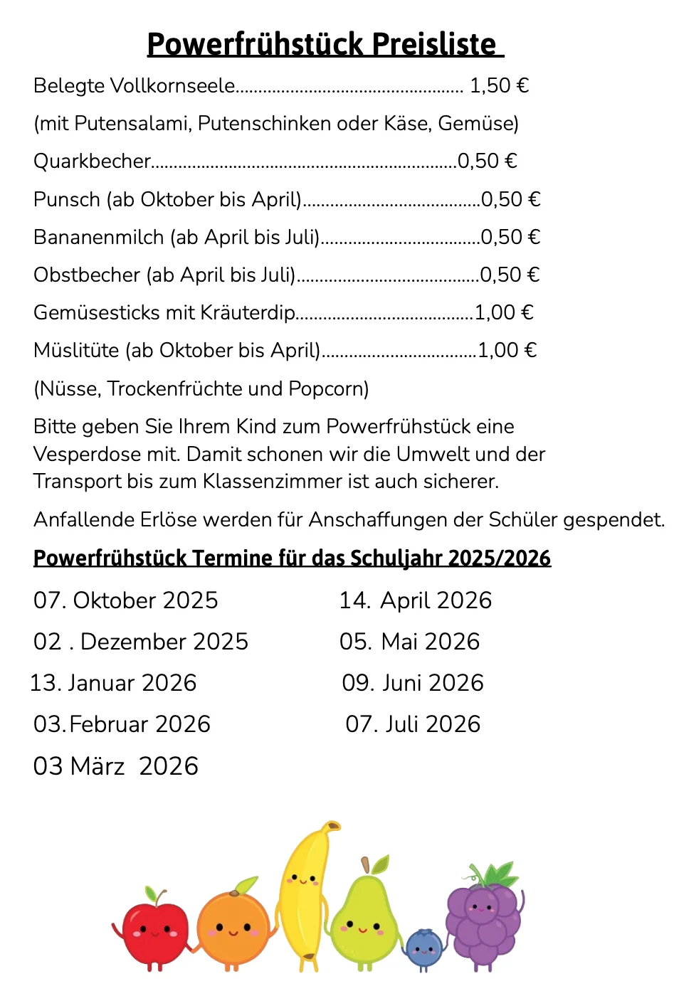 Preisliste Powerfrühstück 2025-26