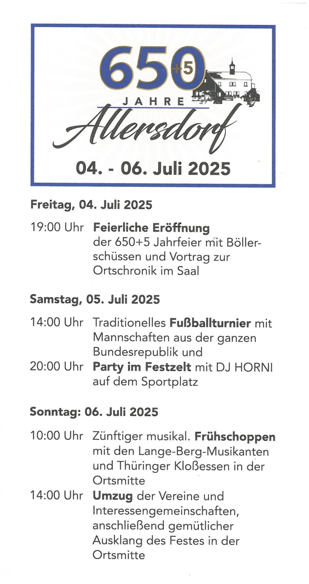 Programm 650+5 Jahrfeier Allersdorf