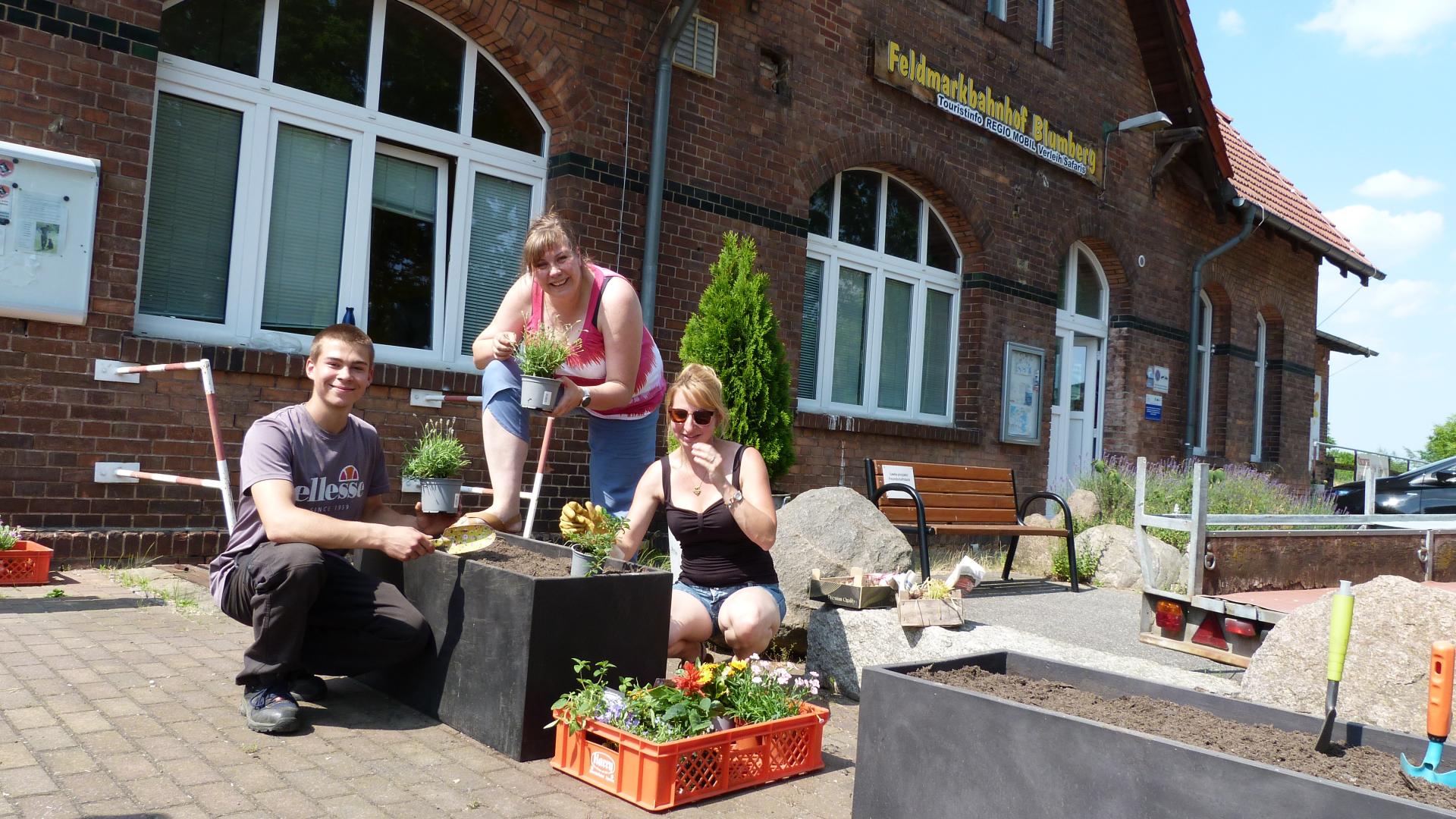 Lenny Rechlin und Mitarbeitende der Gemeinde Ahrensfelde beim Bepflanzen von Blumenkübeln