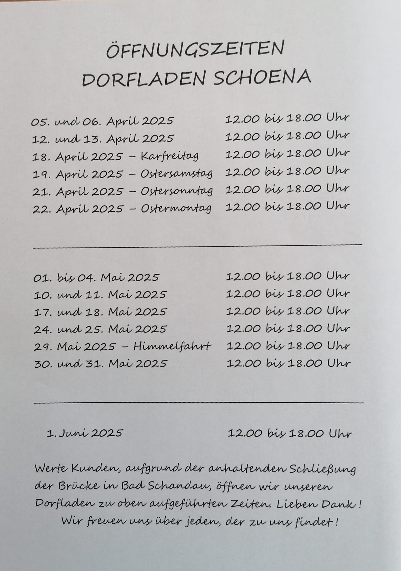 aktuelle Öffnungszeiten