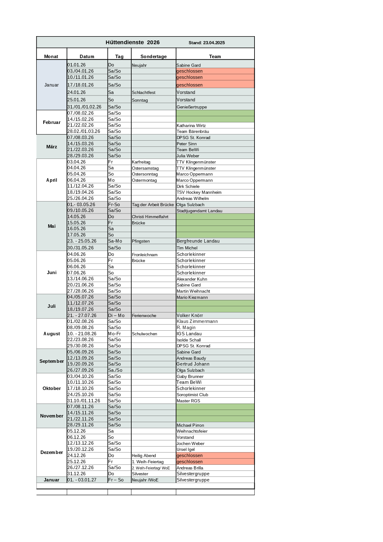 Hüttendienst 2026