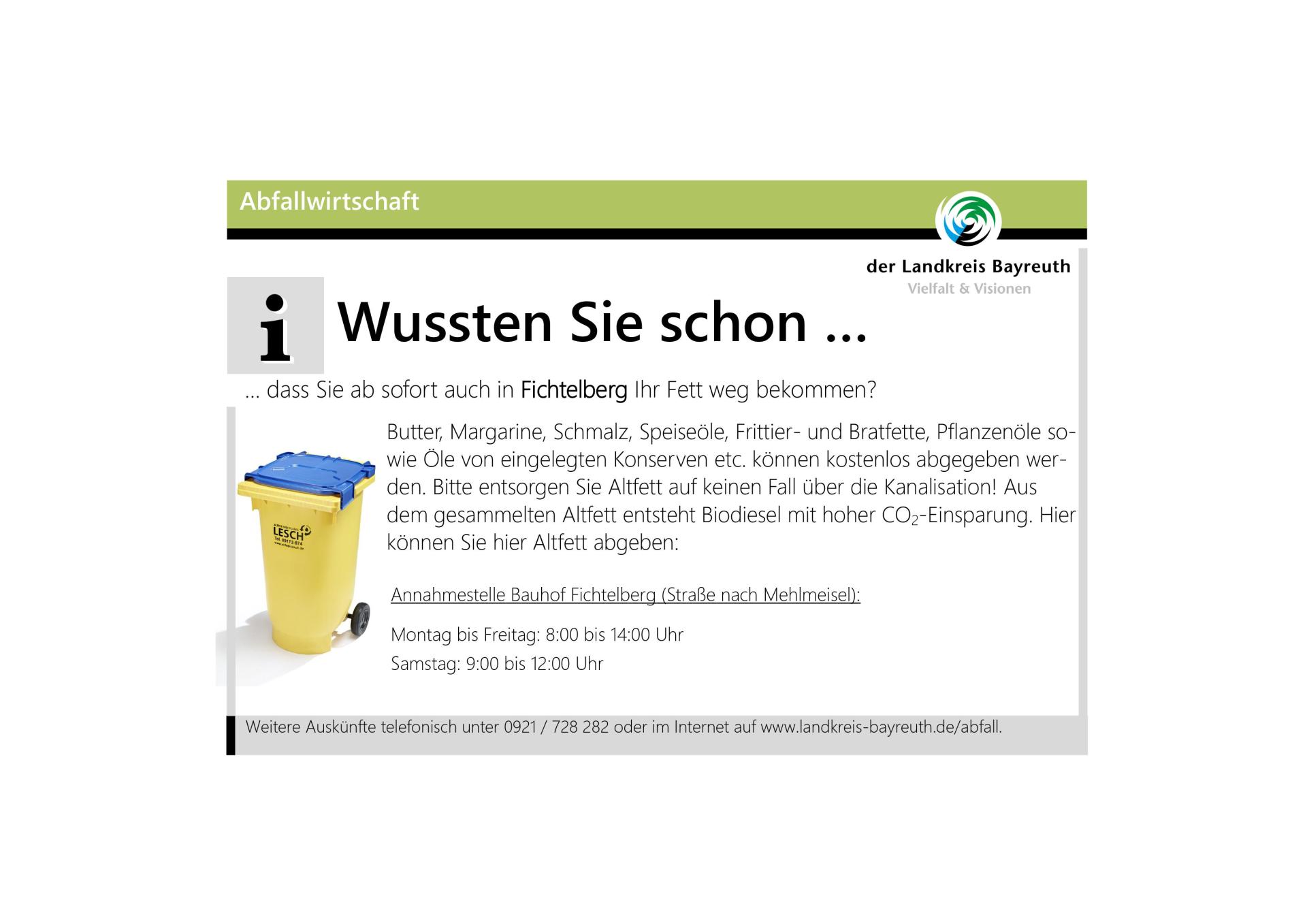 Abfallwirtschaft - Altfett in Fichtelberg entsorgen