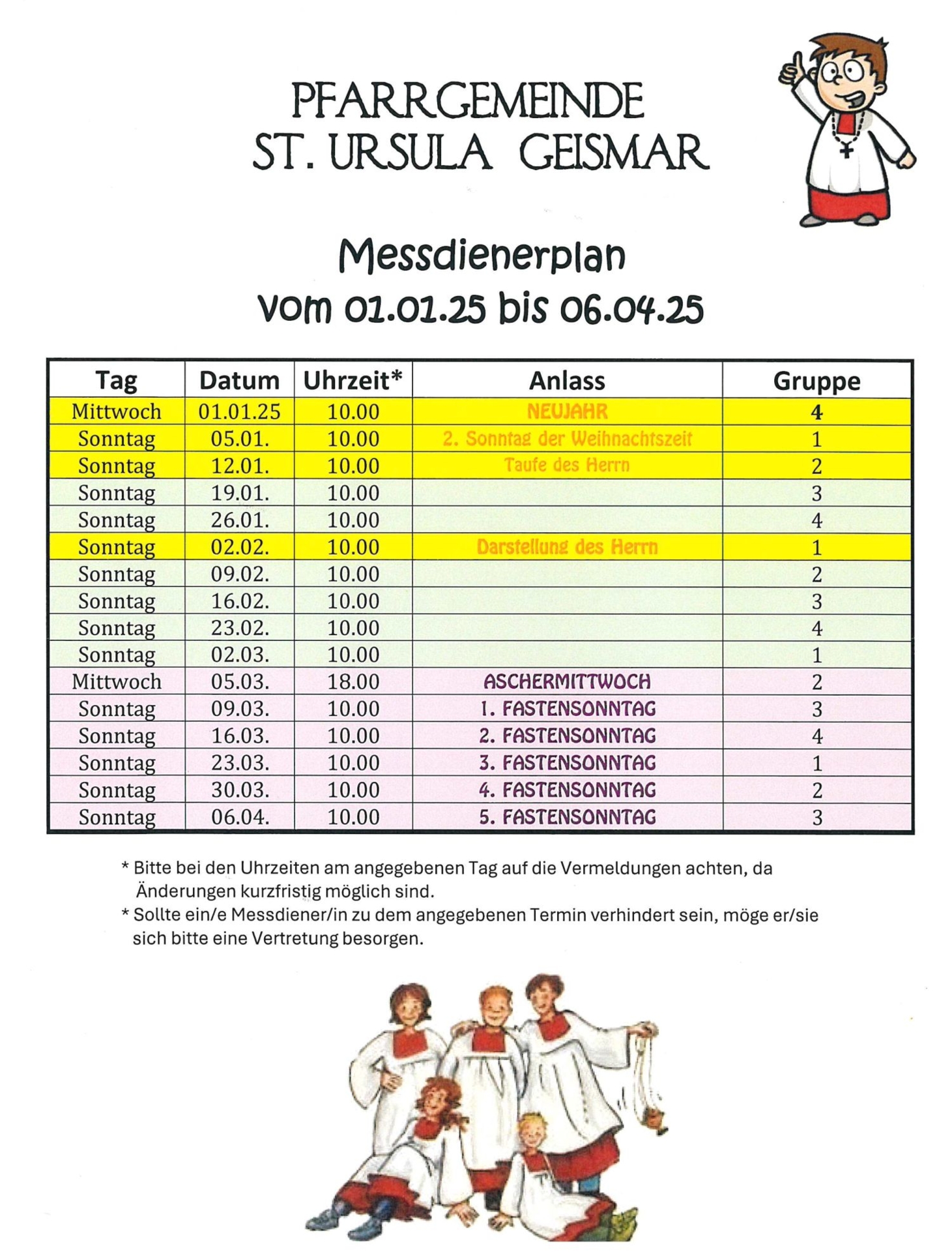 Messdienerplan vom 01.01.2025