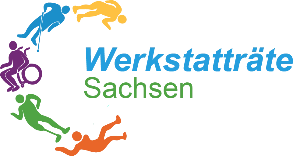 Sie sehen den Schriftzug Werkstatträte Sachsen in grün und blau. Auf der linken Seite finden Sie Symbole, die Menschen mit unterschiedlichen Einschänkungen darstellen.