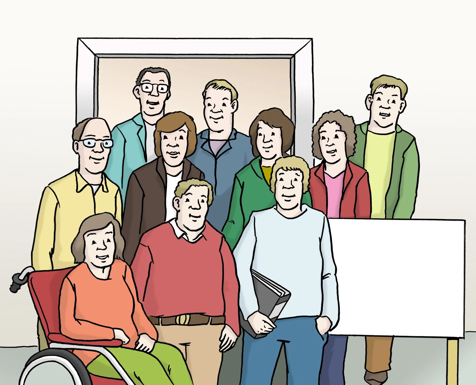 Auf dem Bild ist eine Gruppe von Männer und Frauen abgebildet. Eine Person sitzt im Rollstuhl. Eine Person hält ein Transparent fest.