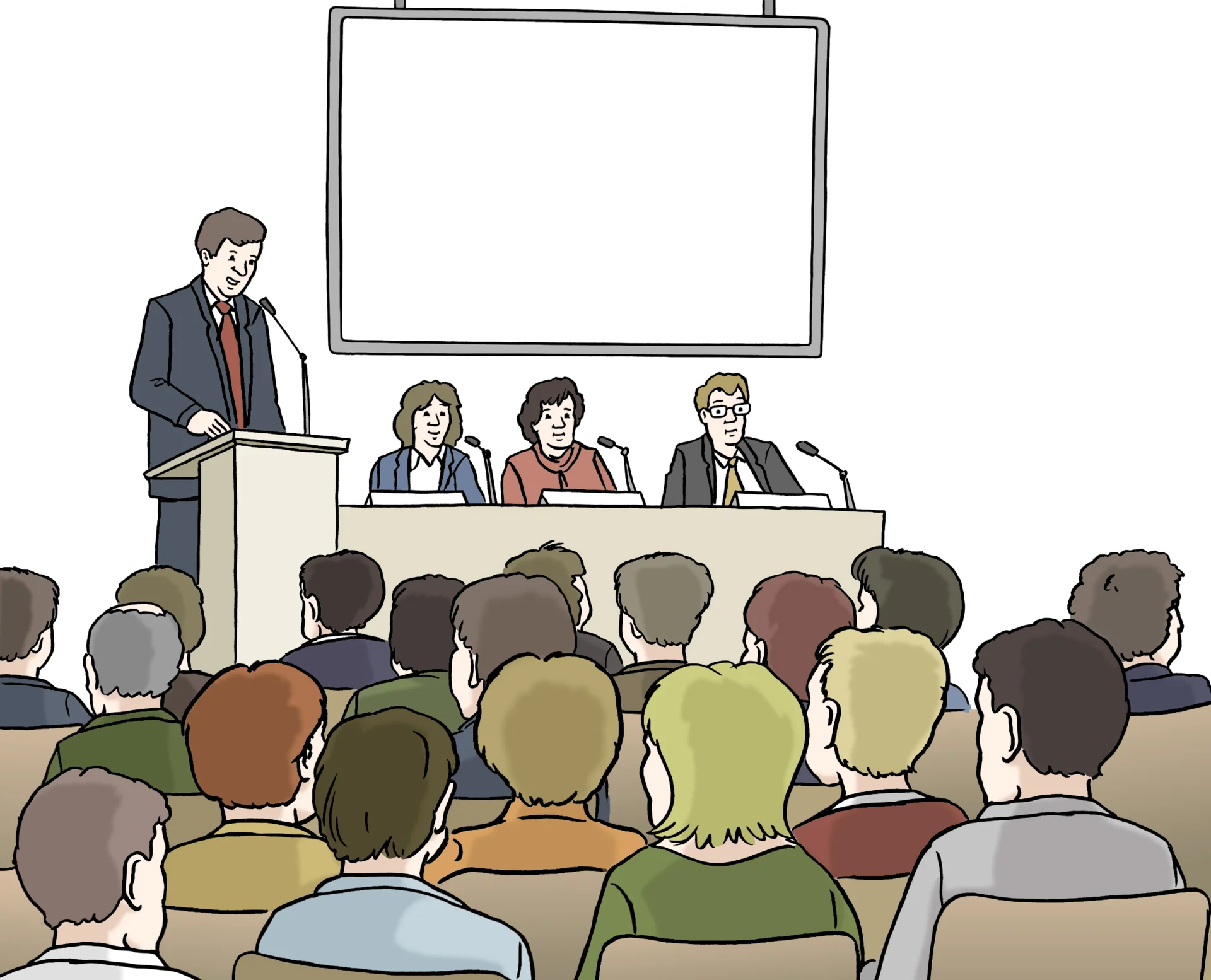 Auf dem Bild ist eine Tagung dargestellt. Es ist ein Publikum von hinten zu sehen. Vorn sitzen die Referenten. Hinter den Referenten ist eine Leinwand zu sehen.