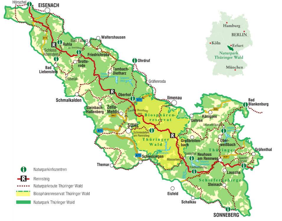 Übersichtskarte Thüringer Wald-Naturparkrouten mit Legende