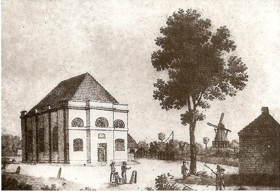 Synagoge in Moisling (Lithographie von 1827), Quelle: wikipedia.org, gemeinfrei