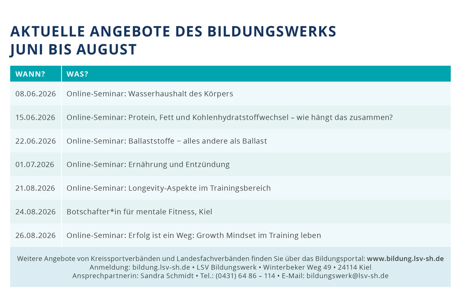 Seminarangebote Juni bis August
