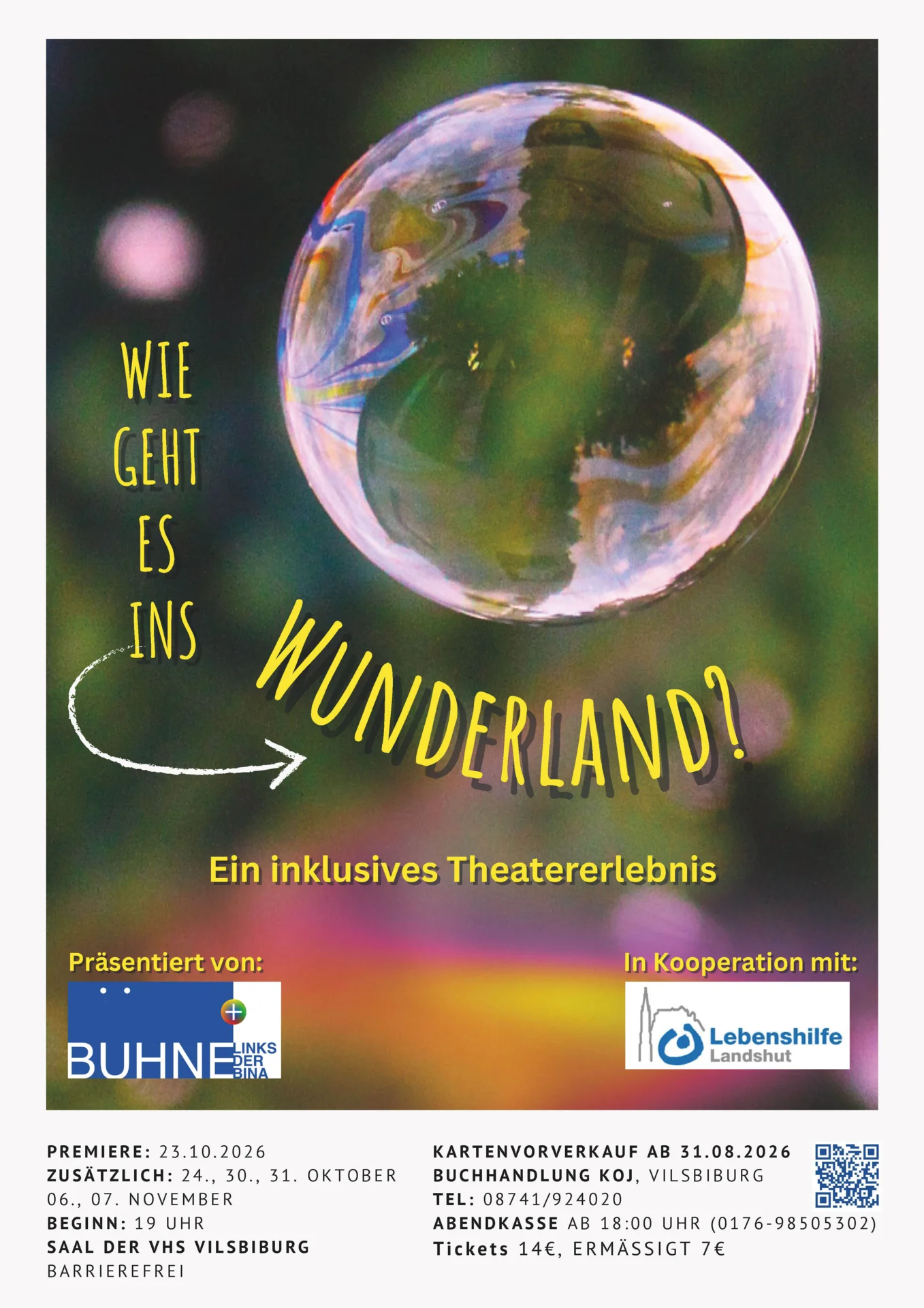 Plakat Theaterstück mit allen Daten und einer Seifenblase in der Mitte.