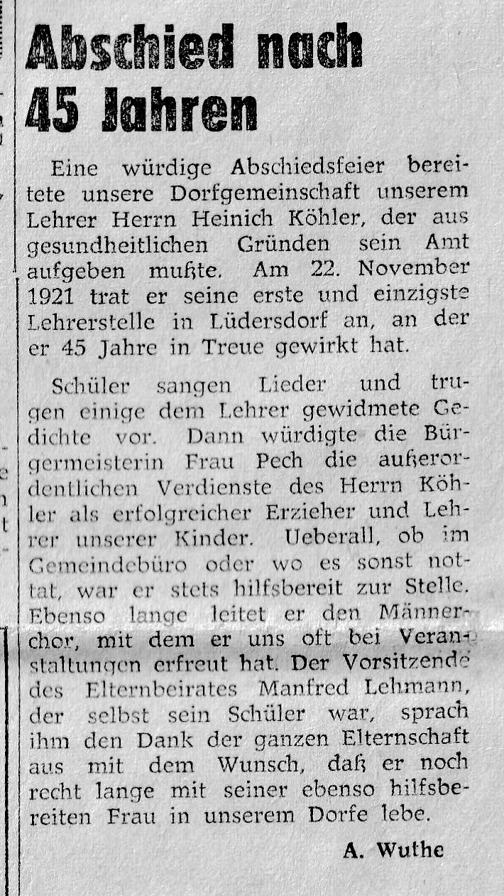 06.12.1966 Pressemeldung zur Verabschiedung von Lehrer Heinrich Köhler