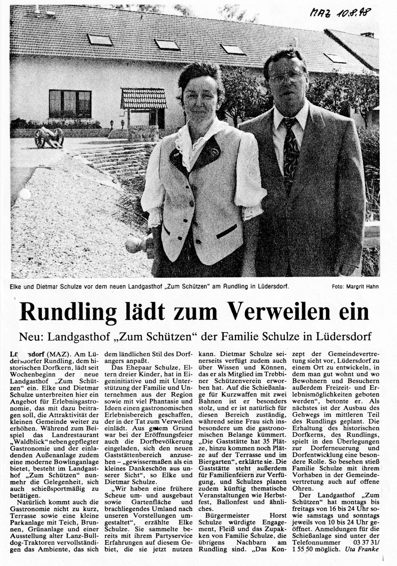 Pressemeldung in der MAZ vom 10.08.1998 "Rundling lädt zum Verweilen ein" von Uta Franke