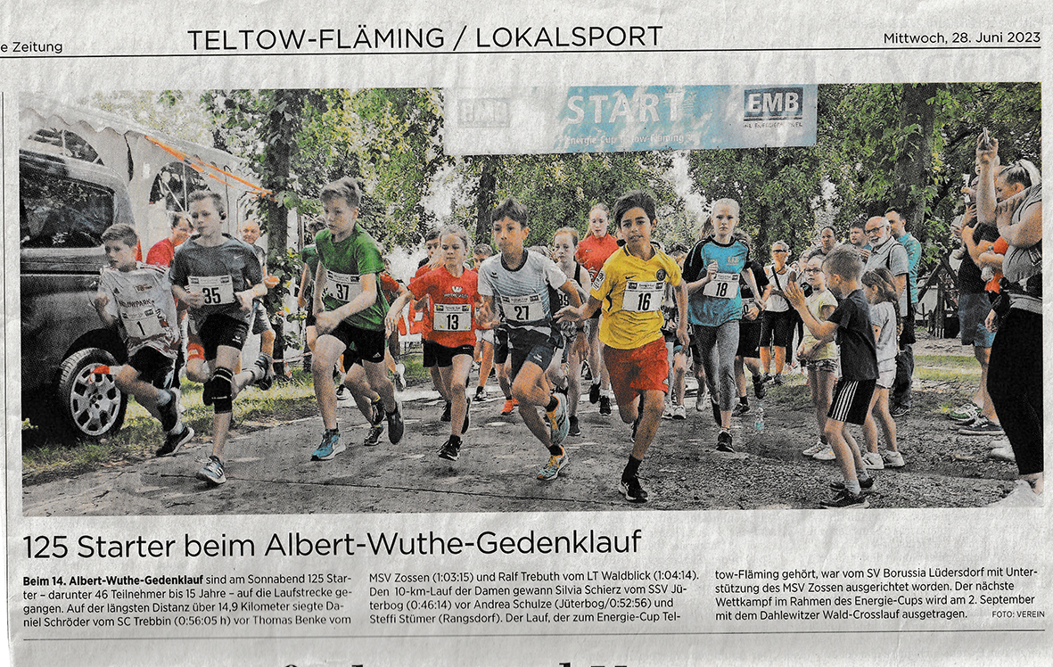 Pressemeldung in der MAZ vom 28.06.2023 "125 Starter beim Albert-Wuthe-Gedenklauf"