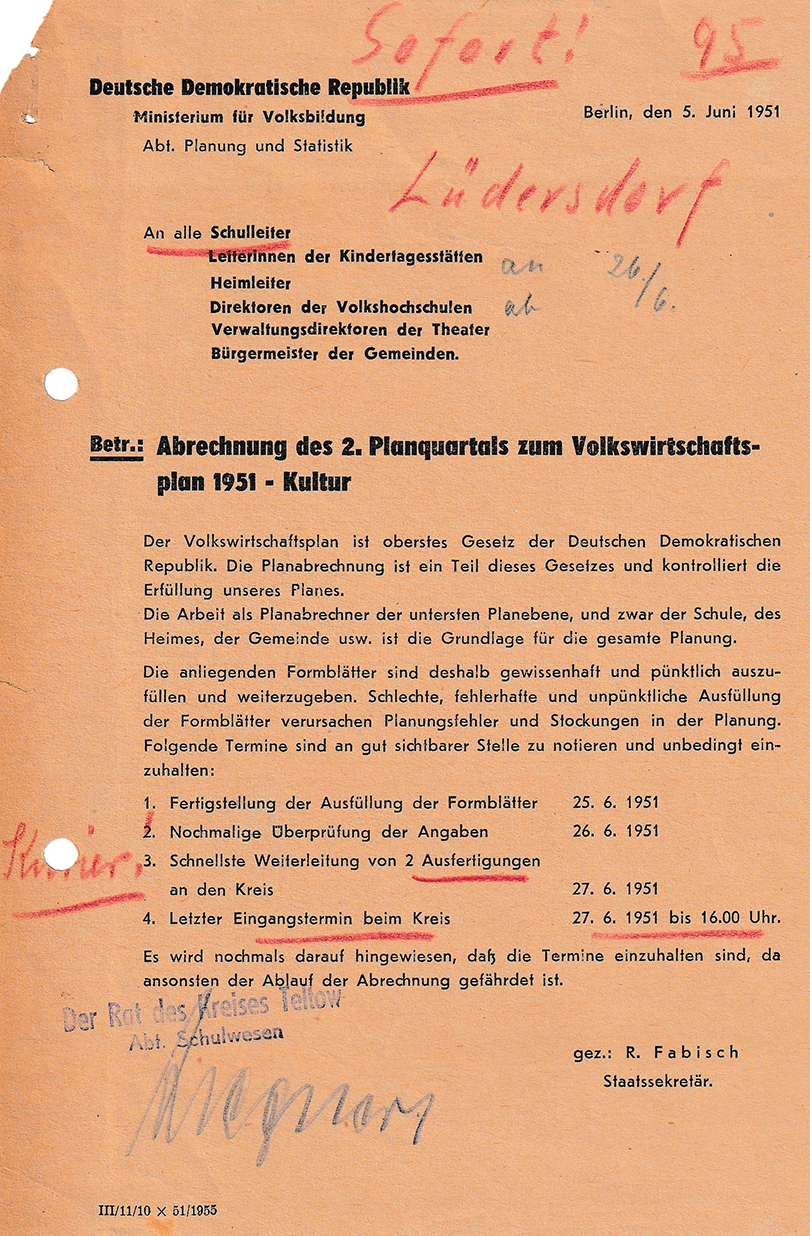 Abrechnung Volkswirtschaftsplan Kultur 1951