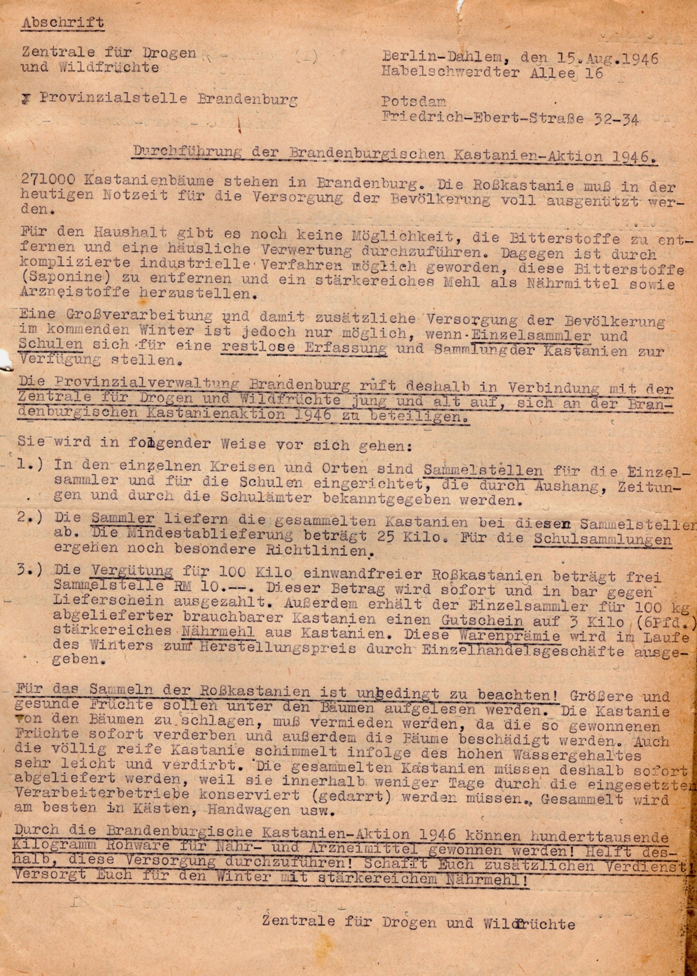 Aufruf 1946  -Versorgung der Bevölkerung-Kastanienarlaß