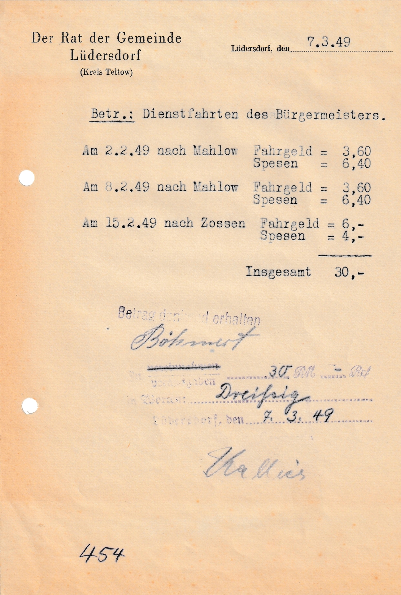 Beleg der Dienstfahrten des Bürgermeisters 1949